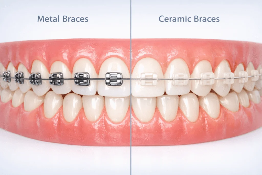 Metal braces and ceramic braces compared side by side on a model of the teeth